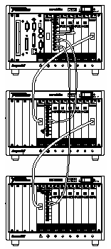 Illustration of multichassis synchronization that uses the NI PXI-6653 system timing and control module whereby the 10 MHz reference clock and triggers are distributed from a master chassis to all slave chassis, with NI MXI-4 controlling all slave chassis