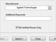 The LabVIEW Instrument Driver Finder detects connected instruments and searches for matching drivers.